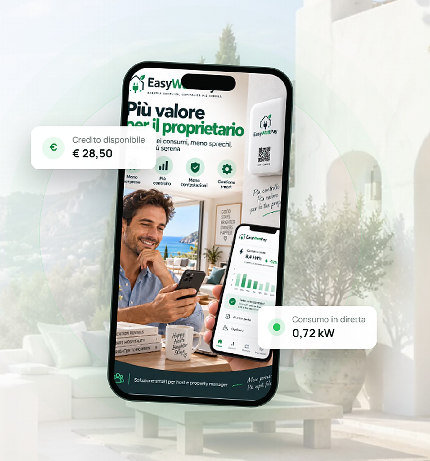 L'app EasyWattPay sul telefono del proprietario: credito disponibile e consumo in diretta